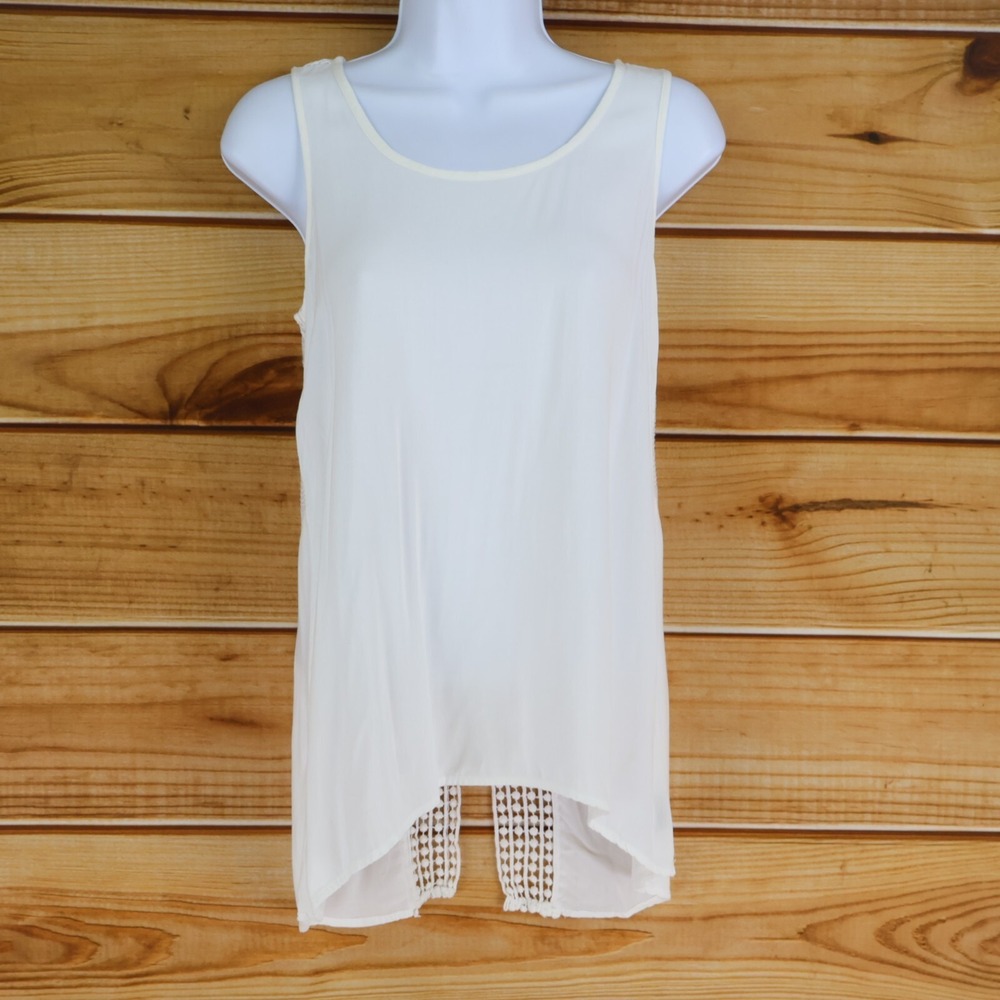 A. Byer Lightweight Tank Top Blouse Womens Size S White Sheer Lace Back Summer